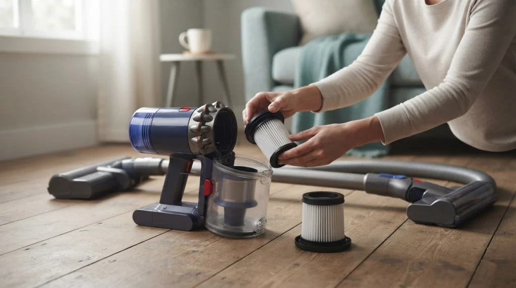 Person checking a vacuum cleaner filter and dust compartment before vacuuming.