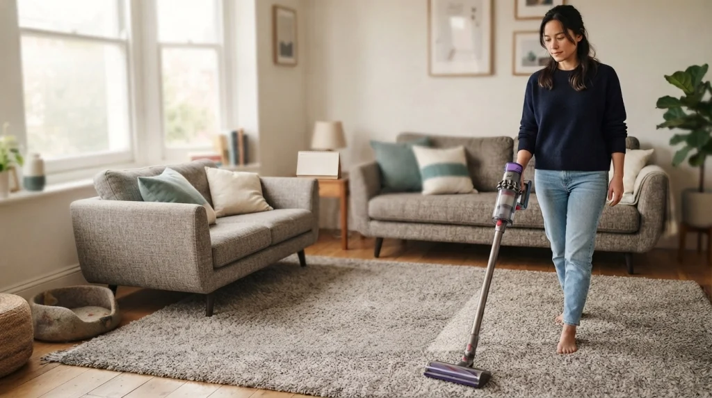 Homeowner vacuuming a living room carpet near upholstered furniture as part of a regular cleaning routine