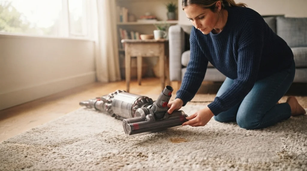 Homeowner inspecting a vacuum cleaner beside a mark remaining on carpet.