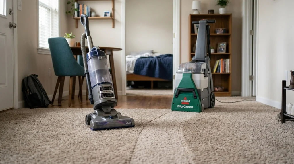 An upright vacuum and a carpet deep-cleaning machine illustrate two different carpet maintenance methods.