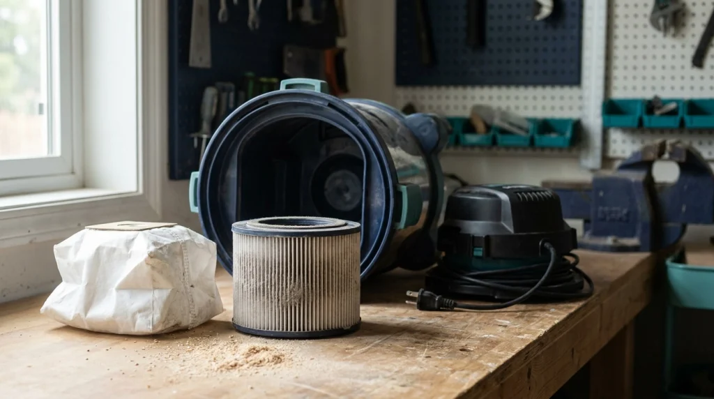 Wet dry vacuum filter cartridge and collection bag inspected for dust leakage in a workshop.