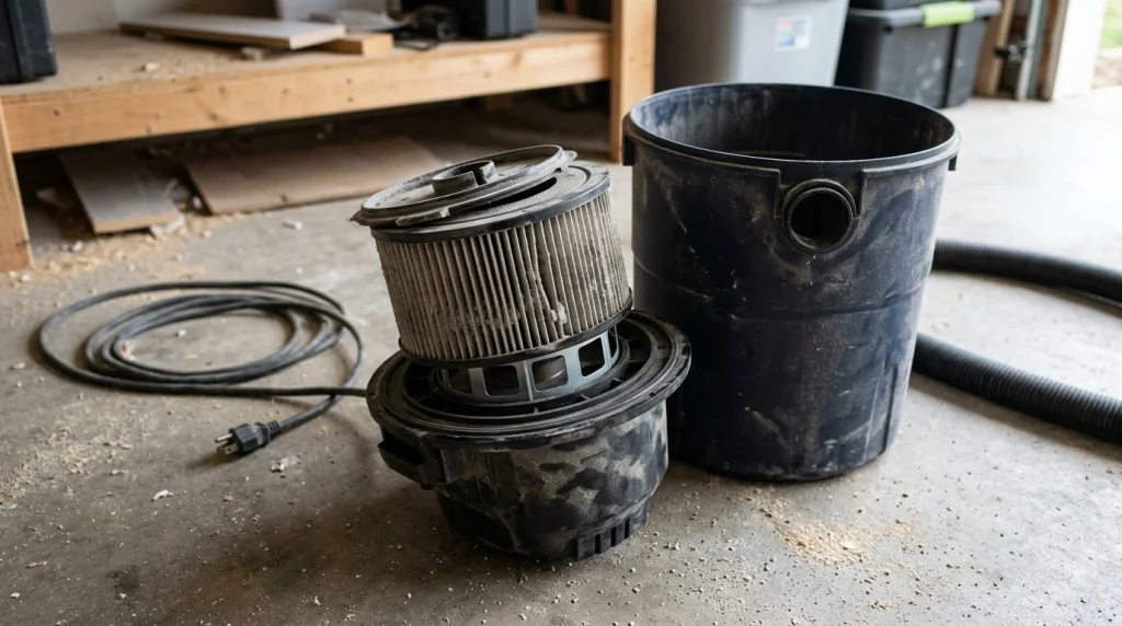 Wet dry vacuum motor head, dusty filter, canister, and hose arranged for inspection.