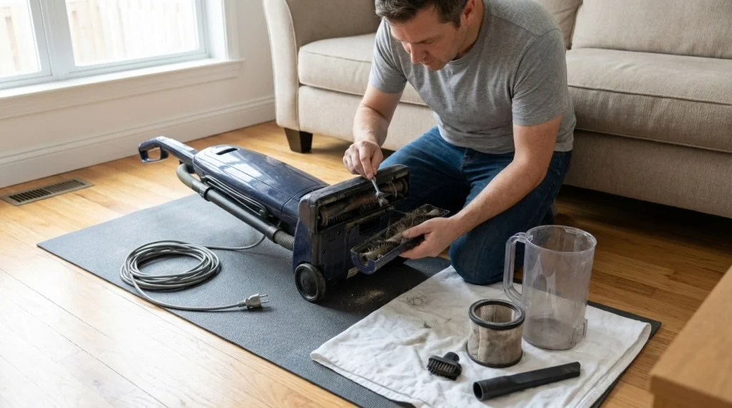 Homeowner inspecting a vacuum brush roll, filter, hose, and dustbin after disconnecting power before repairs.
