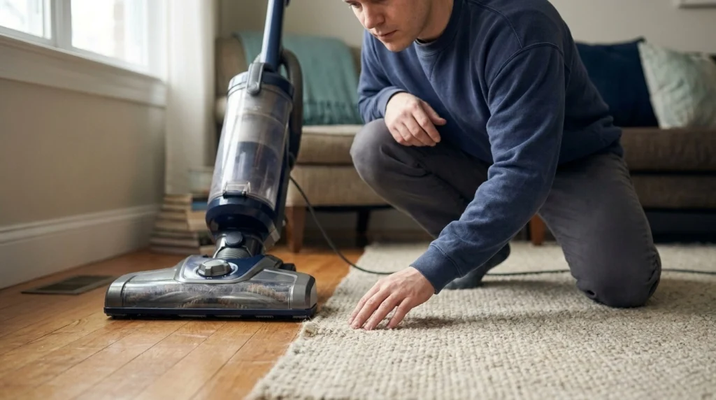 Homeowner examines carpet fibers and a vacuum head beside a hard-floor transition.