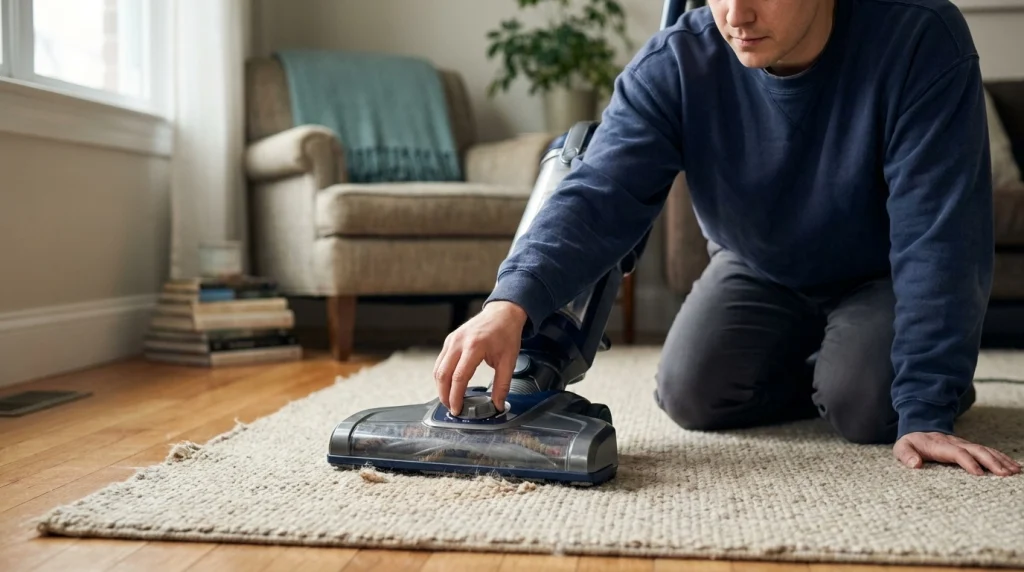 Homeowner checks an upright vacuum setting beside textured carpet fibers.