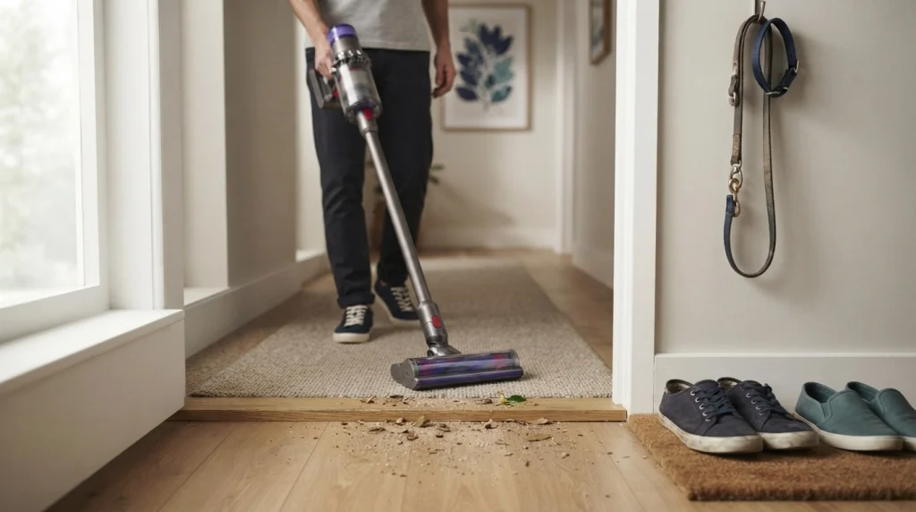 Vacuum cleaner removing tracked-in dirt from a frequently used carpeted hallway.