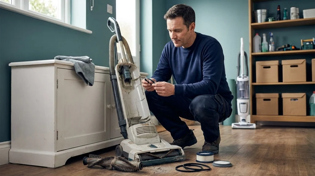Homeowner evaluating an aging vacuum with worn parts before deciding whether to replace it.