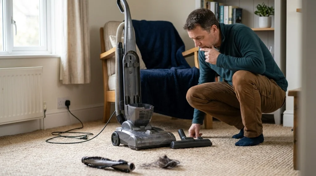 Unplugged vacuum cleaner being checked for warning signs in a living room