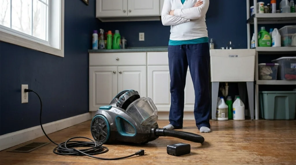 Unplugged vacuum cleaner inspected after repeated overheating in a home utility area.