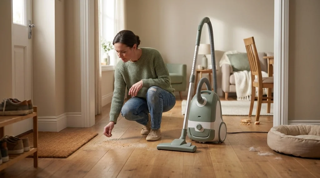 Homeowner checking visible dirt near an oak hardwood entryway before spot vacuuming.