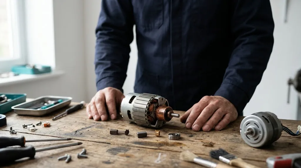 Disconnected brushed vacuum motor with replacement carbon brush, bearing, and exposed copper commutator.
