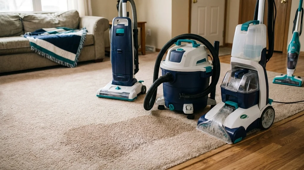 Wet/dry shop vacuum and carpet extractor beside damp carpet in a home.