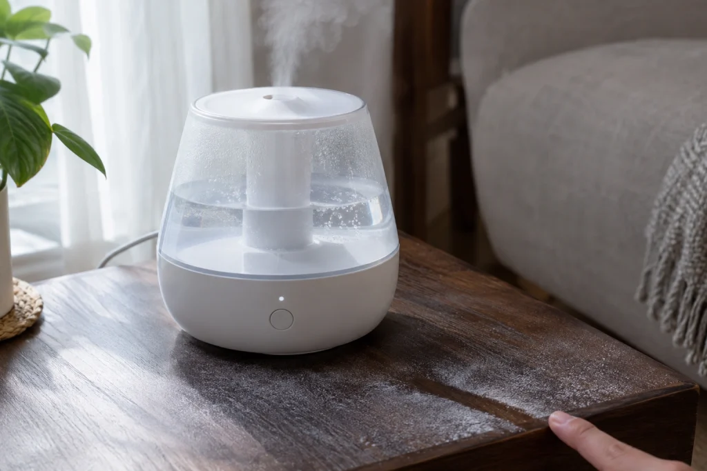Fine white mineral dust on a dark wooden table next to an ultrasonic humidifier