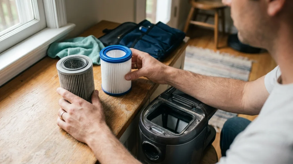 Homeowner comparing a vacuum replacement filter with the open filter compartment to diagnose low suction.