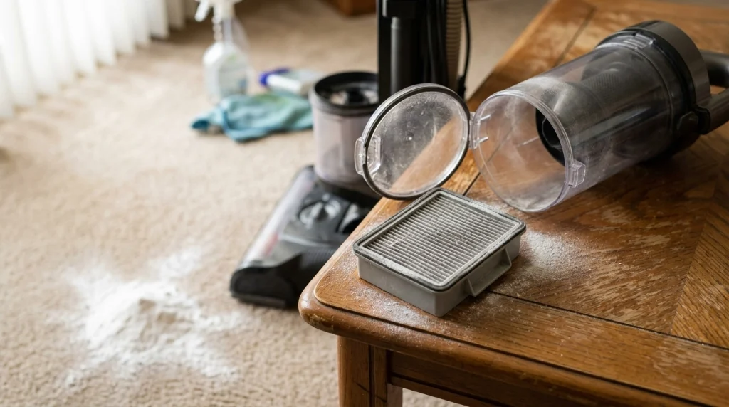 White baking soda powder beside a removable vacuum filter during maintenance.