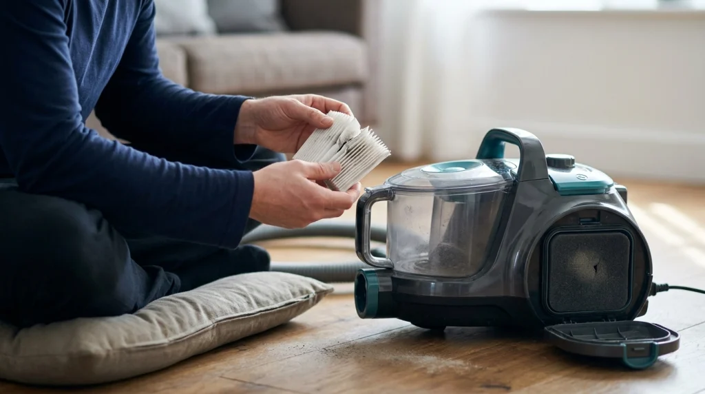 Homeowner inspecting a torn pleated vacuum filter that may compromise motor protection and indoor air filtration.