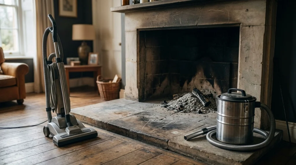 Standard household vacuum beside a fireplace with cooled ash still inside the firebox.