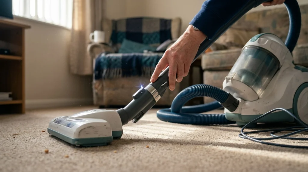 Vacuum cleaner hose and floorhead on synthetic carpet illustrating static electricity buildup.
